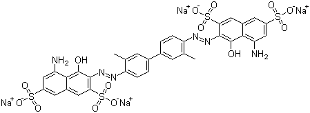结构式 CAS# 72-57-1, 直接蓝 14; 曲利本蓝; 锥虫蓝; 直接蓝 3B; 3,3'-{[3,3'-二甲基-(1,1'-二苯基)-4,4'-二基]双(偶氮)}-双(5-氨基-4-羟基-2,7-萘二磺酸)四钠盐