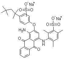 3-[[4-氨基-9,10-二氢-9,10-二氧代-3-[磺酸基-4-(1,1,3,3-四甲基丁基)苯氧基]-1-蒽基]氨基]-2,4,6-三甲基-苯磺酸二钠盐分子结构 (CAS 72243-90-4)