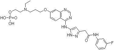 structure of CAS# 722543-31-9, 5-[[7-[3-[Ethyl[2-(phosphonooxy)ethyl]amino]propoxy]-4-quinazolinyl]amino]-N-(3-fluorophenyl)-1H-pyrazole-3-acetamide