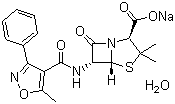 结构式 CAS# 7240-38-2, 苯唑青霉素钠; 苯唑西林钠; (2S,5R,6R)-3,3-二甲基-6-(5-甲基-3-苯基-4-噁唑基甲酰氨基)-7-氧代-4-硫杂-1-氮杂双环[3.2.0]庚烷-2-甲酸钠盐一水合物