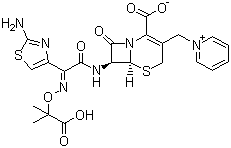 结构式 CAS# 72558-82-8, 头孢他啶; 头孢他定; (6R,7R)-7-[[(2-氨基-4-噻唑基)-[(1-羧基-1-甲基乙氧基)亚氨基]乙酰基]氨基]-2-羧基-8-氧代-5-硫杂-1-氮杂双环[4.2.0]辛-2-烯-3-甲基吡啶鎓内盐