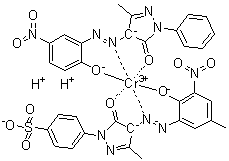[4-[4,5-Dihydro-4-[(2-hydroxy-5-methyl-3-nitrophenyl)azo]-3-methyl-5-oxo-1H-pyrazol-1-yl]benzenesulfonato(3-)][2,4-dihydro-4-[(2-hydroxy-5-nitrophenyl)azo]-5-methyl-2-phenyl-3H-pyrazol-3-onato]dihydrogen chromate molecular structure (CAS 72854-34-3)