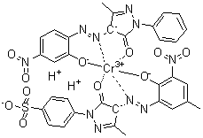 [4-[4,5-Dihydro-4-[(2-hydroxy-5-methyl-3-nitrophenyl)azo]-3-methyl-5-oxo-1H-pyrazol-1-yl]benzenesulfonato][2,4-dihydro-4-[(2-hydroxy-4-nitrophenyl)azo]-5-methyl-2-phenyl-3H-pyrazol-3-onato]dihydrogen chromate molecular structure (CAS 73287-40-8)