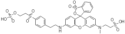 2-[[1,1-Dioxido-6'-[[2-[4-[[2-(sulfooxy)ethyl]sulfonyl]phenyl]ethyl]amino]spiro[3H-2,1-benzoxathiole-3,9'-[9H]xanthen]-3'-yl]methylamino]ethanesulfonic acid molecular structure (CAS 73384-97-1)