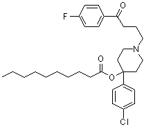 structure of CAS# 74050-97-8, Haloperidol decanoate;Decanoic acid 4-(4-chlorophenyl)-1-[4-(4-fluorophenyl)-4-oxobutyl]-4-piperidinyl ester; KD 136; KD 16; Neoperidole; R 13762