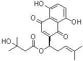 structure of CAS# 7415-78-3, beta-Hydroxyisovalerylshikonin;NSC 110263; beta-HIVS; 3-Hydroxy-3-methylbutanoic acid (1R)-1-(1,4-dihydro-5,8-dihydroxy-1,4-dioxo-2-naphthalenyl)-4-methyl-3-pentenyl ester