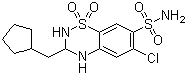 structure of CAS# 742-20-1, Cyclopenthiazide;6-Chloro-3-(cyclopentylmethyl)-1,1-dioxo-3,4-dihydro-2H-benzo[e][1,2,4]thiadiazine-7-sulfonamide