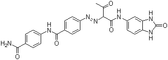 结构式 CAS# 74441-05-7, 颜料黄 181; N-[4-(氨基羰基)苯基]-4-[[1-[[(2,3-二氢-2-氧代-1H-苯并咪唑-5-基)-氨基]羰基]-2-氧代丙基]偶氮]苯甲酰胺