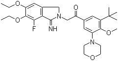 结构式 CAS# 751475-53-3, Atopaxar; E 5555; 2-(5,6-二乙氧基-7-氟-1,3-二氢-1-亚氨基-2H-异吲哚-2-基)-1-[3-叔丁基-4-甲氧基-5-(4-吗啉基)苯基]乙酮