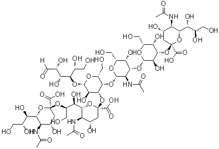 O-(N-乙酰基-alpha-神经胺酸基)-(2→8)-O-(N-乙酰基-alpha-神经胺酸基)-(2→3)-O-[O-(N-乙酰基-alpha-神经胺酸基)-(2→3)-O-beta-D-吡喃半乳糖基-(1→3)-2-(乙酰氨基)-2-脱氧-beta-D-吡喃半乳糖基-(1→4)]-O-beta-D-吡喃半乳糖基-(1→4)-D-葡萄糖分子结构 (CAS 75663-36-4)