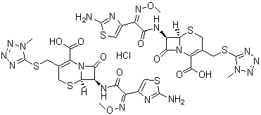 结构式 CAS# 75738-58-8, 盐酸头孢甲肟; (6R,7R)-7-[2-(2-氨基-4-噻唑基)(甲氧亚氨基)乙酰氨基]-3-[[(1-甲基-1H-四唑-5-基)-硫]甲基]-8-氧代-5-硫杂-1-氮杂双环[4.2.0]辛-2-烯-2-甲酸盐酸盐