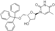 structure of CAS# 7791-71-1, 5'-O-Tritylthymidine;1-((2R,4S,5R)-4-Hydroxy-5-trityloxymethyl-tetrahydro-furan-2-yl)-5-methyl-1H-pyrimidine-2,4-dione