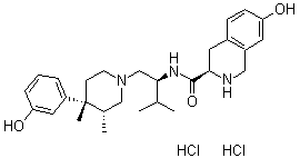 (3R)-1,2,3,4-四氢-7-羟基-N-[(1S)-1-[[(3R,4R)-4-(3-羟基苯基)-3,4-二甲基-1-哌啶基]甲基]-2-甲基丙基]-3-异喹啉甲酰胺盐酸盐分子结构 (CAS 785835-79-2)