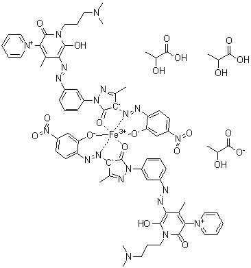Bis[5'-[[3-[4,5-dihydro-4-[(2-hydroxy-4-nitrophenyl)azo]-3-methyl-5-oxo-1H-pyrazol-1-yl]phenyl]azo]-1'-[3-(dimethylamino)propyl]-1',2'-dihydro-6'-hydroxy-4'-methyl-2'-oxo-1,3'-bipyridiniumato]iron salt with 2-hydroxypropanoic acid (1:1) bis(2-hydroxypropanoate) (salt) molecular structure (CAS 79135-18-5)