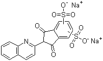 structure of CAS# 8004-92-0, Quinoline Yellow;2-(2-Quinolyl)-1,3-indandione disulfonic acid disodium salt; 2-(1,3-Dioxoindan-2-yl)quinolinedisulfonic acid sodium salt; Acid Yellow 3; Food Yellow 13; C.I. 47005