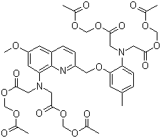structure of CAS# 83104-85-2, Quin-2 acetoxymethyl ester;N-[2-[(Acetyloxy)methoxy]-2-oxoethyl]-N-[2-[[8-[bis[2-[(acetyloxy)methoxy]-2-oxoethyl]amino]-6-methoxy-2-quinolinyl]methoxy]-4-methylphenyl]glycine (acetyloxy)methyl ester