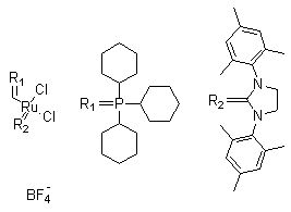 [1,3-Bis(2,4,6-trimethylphenyl)-2-imidazolidinylidene]dichloro[(tricyclohexylphosphoranylidene)methyl]ruthenium tetrafluoroborate molecular structure (CAS 832146-68-6)