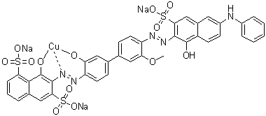 Trisodium [8-hydroxy-7-[[3-hydroxy-4'-[[1-hydroxy-6-(phenylamino)-3-sulfo-2-naphthalenyl]azo]-3'-methoxy[1,1'-biphenyl]-4-yl]azo]-1,6-naphthalenedisulfonato]cuprate molecular structure (CAS 83232-52-4)