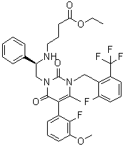 4-[[(1R)-2-[5-(2-Fluoro-3-methoxyphenyl)-3-[[2-fluoro-6-(trifluoromethyl)phenyl]methyl]-3,6-dihydro-4-methyl-2,6-dioxo-1(2H)-pyrimidinyl]-1-phenylethyl]amino]butanoic acid ethyl ester molecular structure (CAS 832720-84-0)