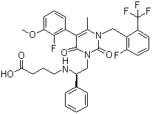 structure of CAS# 834153-87-6, Elagolix;4-[[(1R)-2-[5-(2-Fluoro-3-methoxyphenyl)-3-[[2-fluoro-6-(trifluoromethyl)phenyl]methyl]-3,6-dihydro-4-methyl-2,6-dioxo-1(2H)-pyrimidinyl]-1-phenylethyl]amino]butanoic acid