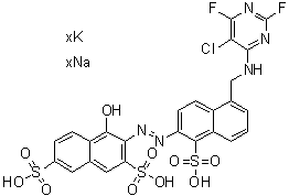 3-[[5-[[(5-Chloro-2,6-difluoro-4-pyrimidinyl)amino]methyl]-1-sulfo-2-naphthalenyl]azo]-4-hydroxy-2,7-naphthalenedisulfonic acid potassium sodium salt molecular structure (CAS 83417-31-6)