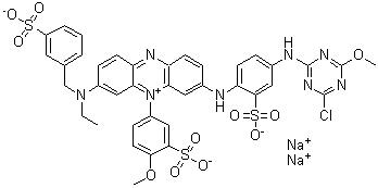 3-[[4-[(4-Chloro-6-methoxy-1,3,5-triazin-2-yl)amino]-2-sulfophenyl]amino]-7-[ethyl[(3-sulfophenyl)methyl]amino]-5-(4-methoxy-3-sulfophenyl)phenazinium inner salt disodium salt molecular structure (CAS 83929-57-1)