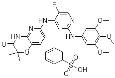 structure of CAS# 841290-81-1, R 406;6-[[5-Fluoro-2-[(3,4,5-trimethoxyphenyl)amino]-4-pyrimidinyl]amino]-2,2-dimethyl-2H-pyrido[3,2-b]-1,4-oxazin-3(4H)-one benzenesulfonate