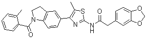 structure of CAS# 846557-71-9, N-[4-[2,3-Dihydro-1-(2-methylbenzoyl)-1H-indol-5-yl]-5-methyl-2-thiazolyl]-1,3-benzodioxole-5-acetamide;2-(Benzo[d][1,3]dioxol-5-yl)-N-(5-methyl-4-(1-(2-methylbenzoyl)indolin-5-yl)thiazol-2-yl)acetamide