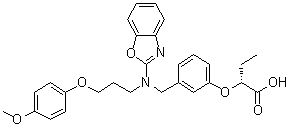 structure of CAS# 848259-27-8, Pemafibrate;(R)-2-[3-[[N-(Benzoxazol-2-yl)-N-[3-(4-methoxyphenoxy)propyl]amino]methyl]phenoxy]butanoic acid; (R)-K 13675