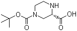 structure of CAS# 848482-93-9, (S)-4-N-Boc-Piperazine-2-carboxylic acid;(S)-4-(tert-Butoxylcarbonyl)-piperazine-2-carboxylic acid; (S)-Piperazine-1,3-dicarboxylic acid 1-tert-butyl ester