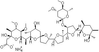 structure of CAS# 84878-61-5, Maduramycin ammonium;Cygro; Maduramicin; Maduramicin ammonium; Prinicin ammonium; (2R,3S,4S,5R,6S)-6-[(1R)-1-[(2S,5R,7S,8R,9S)-2-[(2S,2'R,3'S,5R,5'R)-3'-[(2,6-Dideoxy-3,4-di-O-methyl-b-L-arabino-hexopyranosyl)oxy]octahydro-2-methyl-5'-[(2S,3S,5R,6S)-tetrahydro-6-hydroxy-3,5,6-trimethyl-2H-pyran-2-yl][2,2'-bifuran]-5-yl]-9-hydroxy-2,8-dimethyl-1,6-dioxaspiro[4.5]dec-7-yl]ethyl]tetrahydro-2-hydroxy-4,5-dimethoxy-3-methyl-2H-pyran-2-acetic acid monoammonium salt