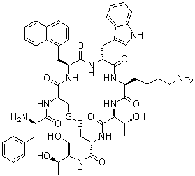 D-Phenylalanyl-L-cysteinyl-3-(1-naphthalenyl)-L-alanyl-D-tryptophyl-L-lysyl-L-threonyl-N-[(1R,2R)-2-hydroxy-1-(hydroxymethyl)propyl]-L-cysteinamide cyclic (2→7)-disulfide molecular structure (CAS 848820-27-9)