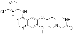 结构式 CAS# 848942-61-0, Sapitinib; 4-(3-氯-2-氟苯胺基)-7-甲氧基-6-[[1-(N-甲基氨基甲酰甲基)哌啶-4-基]氧基]喹唑啉