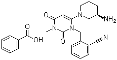 structure of CAS# 850649-62-6, Alogliptin benzoate;2-[[6-[(3R)-3-Amino-1-piperidinyl]-3,4-dihydro-3-methyl-2,4-dioxo-1(2H)-pyrimidinyl]methyl]benzonitrile benzoate
