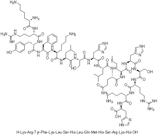 L-赖氨酰-L-精氨酰-L-酪氨酰-L-苯丙氨酰-L-赖氨酰-L-亮氨酰-L-丝氨酰-L-组氨酰-L-亮氨酰-L-谷氨酰胺酰-L-蛋氨酰-L-组氨酰-L-丝氨酰-L-精氨酰-L-赖氨酰-L-组氨酸分子结构 (CAS 851666-89-2)