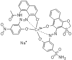 [4-羟基-3-[(5-羟基-3,3-二氧代萘并[2,1-d]-1,3-氧硫杂环戊烷-4-基)偶氮]苯磺酰胺][N-[7-羟基-8-[(2-羟基-5-硝基苯基)偶氮]-1-萘基]乙酰胺]铬酸钠分子结构 (CAS 85737-08-2)