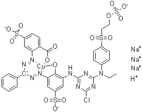Trisodium hydrogen [2-[[[[3-[[4-chloro-6-[ethyl[4-[[2-(sulfooxy)ethyl]sulfonyl]phenyl]amino]-1,3,5-triazin-2-yl]amino]-2-hydroxy-5-sulfophenyl]azo]phenylmethyl]azo]-4-sulfobenzoato]cuprate molecular structure (CAS 86024-59-1)