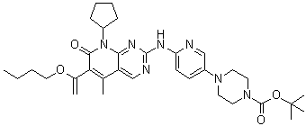 structure of CAS# 866084-31-3, 4-[6-[[6-(1-Butoxyvinyl)-8-cyclopentyl-5-methyl-7-oxo-7,8-dihydropyrido[2,3-d]pyrimidin-2-yl]amino]pyridin-3-yl]piperazine-1-carboxylic acid tert-butyl ester