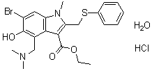 6-Bromo-4-[(dimethylamino)methyl]-5-hydroxy-1-methyl-2-[(phenylthio)methyl]-1H-indole-3-carboxylic acid ethyl ester monohydrochloride monohydrate molecular structure (CAS 868364-57-2)