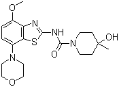 structure of CAS# 870070-55-6, SYN-115;4-Hydroxy-N-[4-methoxy-7-(4-morpholinyl)-2-benzothiazolyl]-4-methyl-1-piperidinecarboxamide