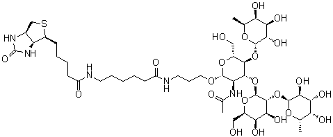 (3aS,4S,6aR)-N-[6-[[3-[[O-6-Deoxy-alpha-L-galactopyranosyl-(1→2)-O-beta-D-galactopyranosyl-(1→3)-O-[6-deoxy-alpha-L-galactopyranosyl-(1→4)]-2-(acetylamino)-2-deoxy-beta-D-glucopyranosyl]oxy]propyl]amino]-6-oxohexyl]hexahydro-2-oxo-1H-thieno[3,4-d]imidazole-4-pentanamide molecular structure (CAS 870891-31-9)