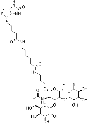 (3aS,4S,6aR)-N-[6-[[3-[[O-6-Deoxy-alpha-L-galactopyranosyl-(1→4)-O-[beta-D-galactopyranosyl-(1→3)]-2-(acetylamino)-2-deoxy-beta-D-glucopyranosyl]oxy]propyl]amino]-6-oxohexyl]hexahydro-2-oxo-1H-thieno[3,4-d]imidazole-4-pentanamide molecular structure (CAS 870891-35-3)