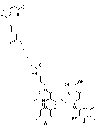 (3aS,4S,6aR)-N-[6-[[3-[[O-6-Deoxy-alpha-L-galactopyranosyl-(1→2)-O-beta-D-galactopyranosyl-(1→4)-O-[6-deoxy-alpha-L-galactopyranosyl-(1→3)]-2-(acetylamino)-2-deoxy-beta-D-glucopyranosyl]oxy]propyl]amino]-6-oxohexyl]hexahydro-2-oxo-1H-thieno[3,4-d]imidazole-4-pentanamide molecular structure (CAS 870891-90-0)