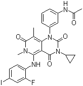 structure of CAS# 871700-17-3, GSK-1120212;N-[3-[3-Cyclopropyl-5-[(2-fluoro-4-iodophenyl)amino]-3,4,6,7-tetrahydro-6,8-dimethyl-2,4,7-trioxopyrido[4,3-d]pyrimidin-1(2H)-yl]phenyl]acetamide
