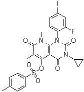 structure of CAS# 871700-32-2, 3-Cyclopropyl-1-(2-fluoro-4-iodophenyl)-6,8-dimethyl-2,4,7-trioxo-1,2,3,4,7,8-hexahydropyrido[2,3-d]pyrimidin-5-yl 4-methylbenzenesulfonate;3-Cyclopropyl-1-(2-fluoro-4-iodophenyl)-6,8-dimethyl-5-[[(4-methylphenyl)sulfonyl]oxy]pyrido[2,3-d]pyrimidine-2,4,7(1H,3H,8H)-trione