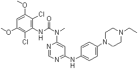 结构式 CAS# 872511-34-7, NVP-BGJ398; 3-(2,6-二氯-3,5-二甲氧基苯基)-1-[6-[[4-(4-乙基哌嗪-1-基)苯基]氨基]嘧啶-4-基]-1-甲基脲