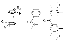 结构式 CAS# 876608-69-4, (1R,1'R)-1,1'-二[二(4-甲氧基-3,5-二甲基苯基)膦基]-2,2'-二[(R)-(二甲基氨基)苯基甲基]二茂铁