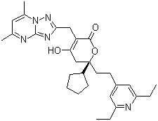 (R)-6-Cyclopentyl-6-[2-(2,6-diethylpyridin-4-yl)ethyl]-3-[(5,7-dimethyl-[1,2,4]triazolo[1,5-a]pyrimidin-2-yl)methyl]-4-hydroxy-5,6-dihydro-2H-pyran-2-one molecular structure (CAS 877130-28-4)