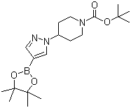 structure of CAS# 877399-74-1, tert-Butyl 4-[4-(4,4,5,5-tetramethyl-1,3,2-dioxaborolan-2-yl)-1H-pyrazol-1-yl]piperidine-1-carboxylate;4-[4-(4,4,5,5-Tetramethyl-1,3,2-dioxaborolan-2-yl)-1H-pyrazol-1-yl]-1-piperidinecarboxylic acid 1,1-dimethylethyl ester