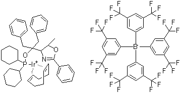 structure of CAS# 880262-14-6, [(1,2,5,6-eta)-1,5-Cyclooctadiene][1-[(4R,5R)-4,5-dihydro-5-methyl-2-phenyl-4-oxazolyl]-2-phenyl-1-(phenylmethyl)ethyl dicyclohexylphosphinite]iridium tetrakis[3,5-bis(trifluoromethyl)phenyl]borate